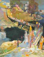 The Bridge, Landscape Painting by D. J. Joshi, Gouache on Paper, 30 X 25.5 inches