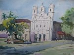 Goan Church, Church Painting by M. K. Kelkar, Watercolour on Paper, 15 X 20