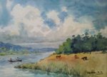 Bill Lake Nashik, Lake, River & Seascape Painting by M. K. Kelkar, Watercolour on Paper, 13.5 X 18.5
