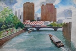 Bridge in Singapore, Lake, River & Seascape Painting by M. K. Kelkar, Watercolour on Paper, 12 X 22