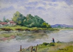Fisherman on the River Side, Lake, River & Seascape Painting by M. K. Kelkar, Watercolour on Paper, 13.5 X 19