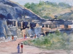 Karla Caves, Landscape Painting by M. K. Kelkar, Watercolour on Paper, 9.5 X 13.5