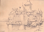 Fort Chillone Suisse, Sketches and Drawings Painting by M. K. Kelkar, Pen on Paper, 7 X 9.5