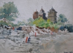 Temple Bhedaghat, Temple Painting by M. K. Kelkar, Watercolour on Paper, 14 X 20