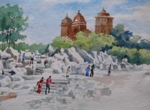 Temple Bhedaghat, Temple Painting by M. K. Kelkar, Watercolour on Paper, 15 X 22