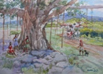 Banyan Tree, Rural Life Painting by M. K. Kelkar, Watercolour on Paper, 13.5 X 20
