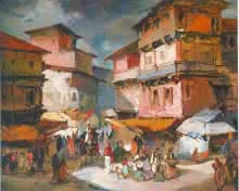 Marriage Procession, Streetscape painting by M. S. Joshi, Gouache on Board, 25 x 30 inches