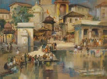 Pilgrims at Nasik, Landscape Paintings by M. S. Joshi, Gouache on Board, 19 x 25 inches