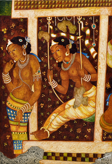 Painting by Vijay Kulkarni - Arundhati on a swing (Ajanta series)