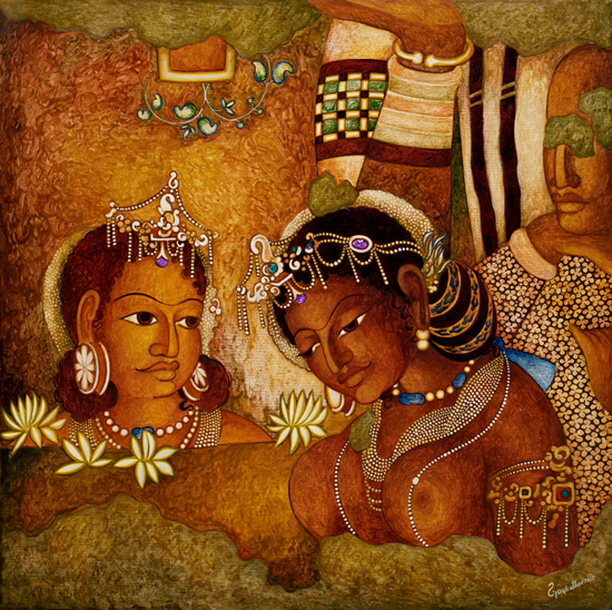 Paintings by Vijay Kulkarni - Princess with Sakhi (Ajanta series)
