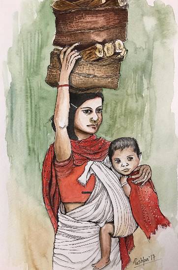 Painting by Pushpa Sharma - Indian Village Woman - 4