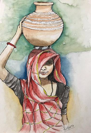 Painting by Pushpa Sharma - Indian Village Woman - 3