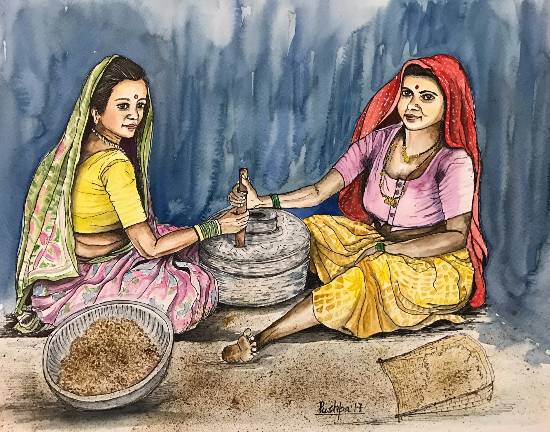 Painting by Pushpa Sharma - Indian Village Women Grinding Grane