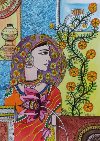 Paintings by Pushpa Sharma - Woman and Flower