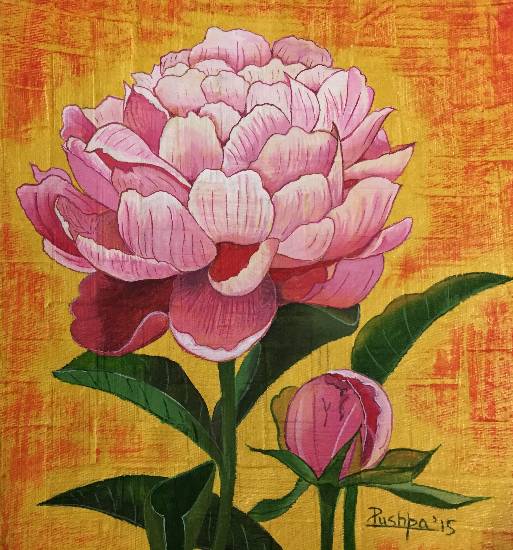 Painting by Pushpa Sharma - Pink Peony with Bud
