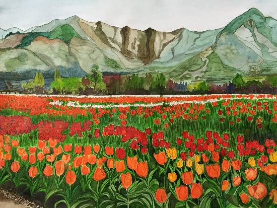 Painting by Pushpa Sharma - Tulip Garden in Srinagar
