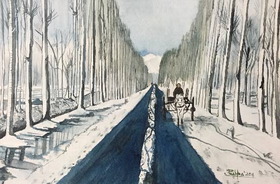 Painting by Pushpa Sharma - Snow covered road to Kashmir
