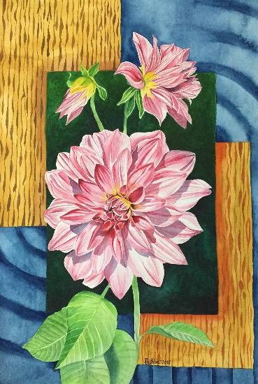 Painting by Pushpa Sharma - Pink Dahlia Flower - 2
