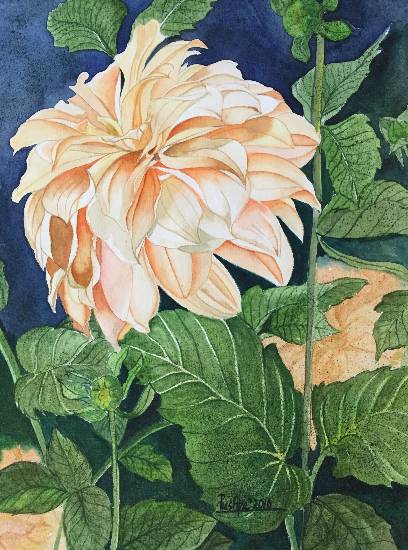 Painting by Pushpa Sharma - Peach Dahlia Flower