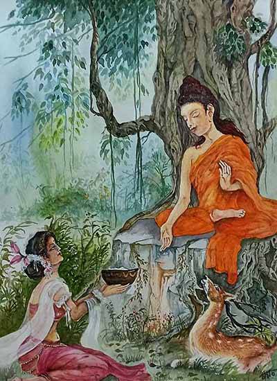 Painting by Basab Dash - Buddha and Sujata