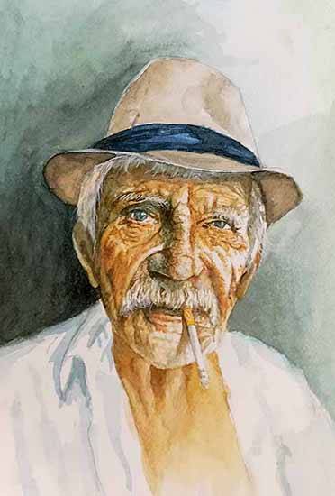 Painting by Basab Dash - Old man smoking