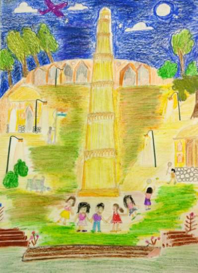 Painting by Riddhi Gupta - Full moon night at Qutub Minar