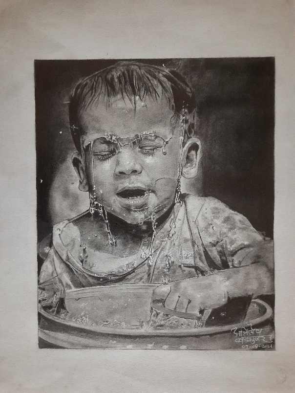 Painting by Abhilesh Badgujar - Water on Face baby Portrait