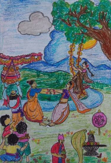 Painting by Pradnya Pratapsinh Sarnikar - Shravanmasi Harshamanasi Hirval date Chohikade