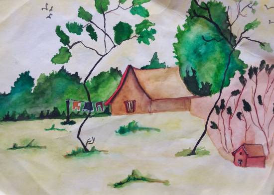 Painting by Anvi Rameshwar Bang - Sunny day in village