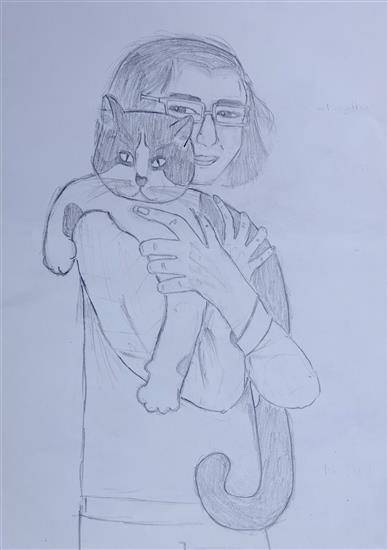 Painting by Mugdha Chiplunkar - Holding my pet cat