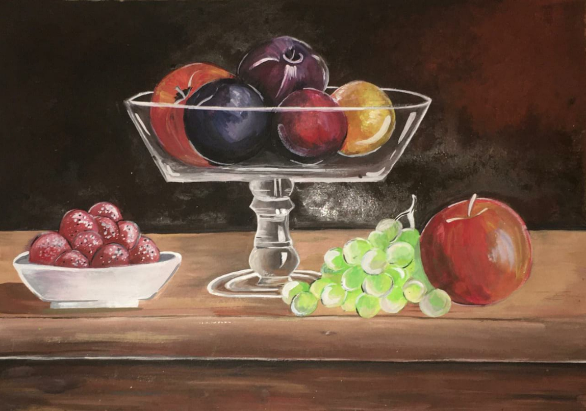 Paintings by Kamakshi Kannan - Fruits in Glass Bowl