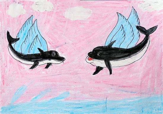 Painting by Pankaj Vinesh Medha - Flying Dolphins