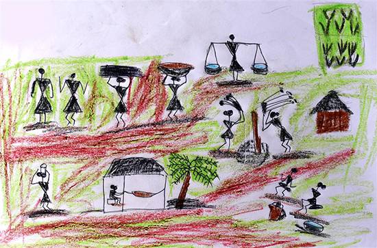 Painting by Vivek Babu Wangad - Warli Art - Farming
