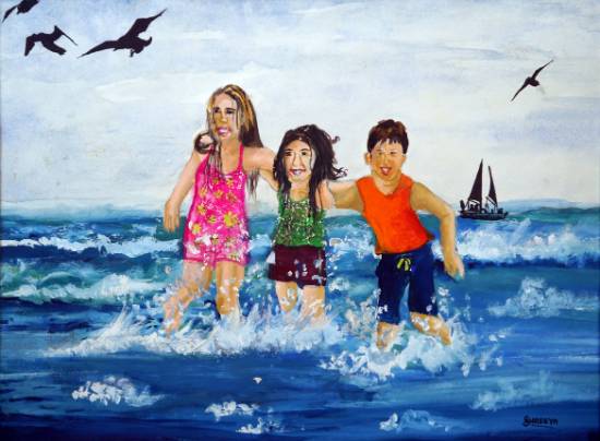 Paintings by Shreeya Prabhune - Playing In Sea Girls And Boy