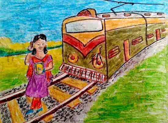 Painting by Adrija Chattopadhyay - Crossing railway track with mobile is dangerous
