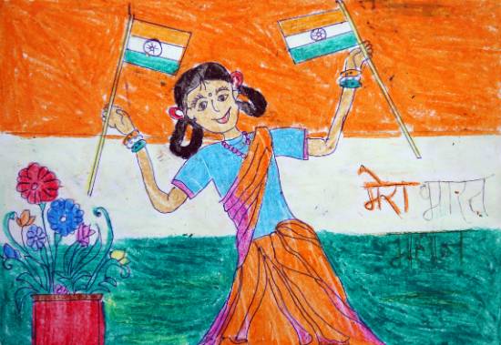 Paintings by Ujwala Janu Thakare - Girl with Indian Flags