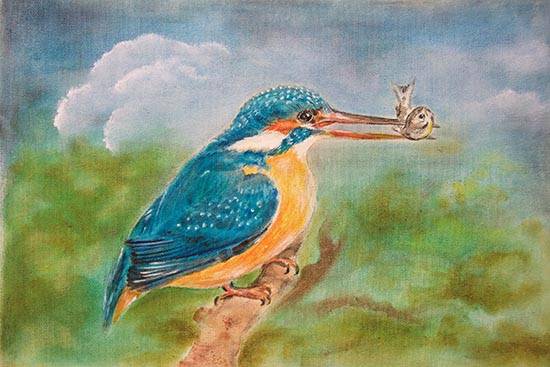 Painting by Nirmal Pathare - Kingfisher with his catch