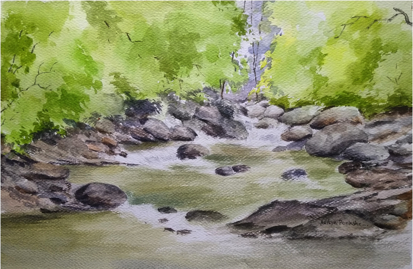 Painting by Aditya Ponkshe - Waterfall near mulshi