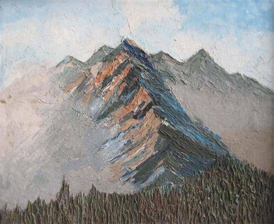 Paintings by Radhika Mondal - A range of Mountains with grey sky