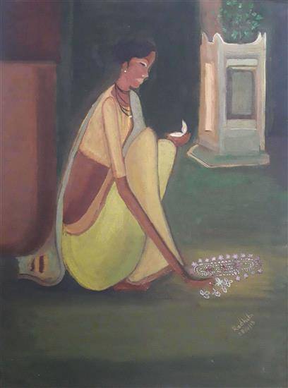 Paintings by Radhika Mondal - At Prayers Lady with Lamp