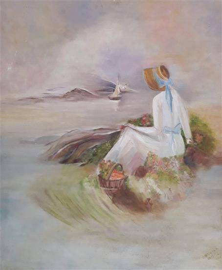 Paintings by Radhika Mondal - In Thought - Woman gazing into Sea