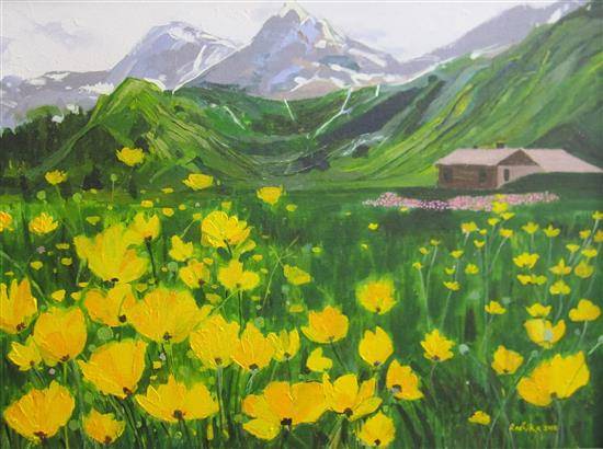 Paintings by Radhika Mondal - Meadow of Yellow Flower