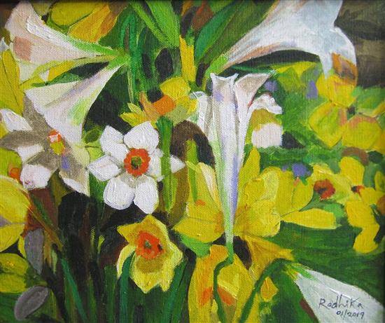 Paintings by Radhika Mondal - White-Yellow Flowers