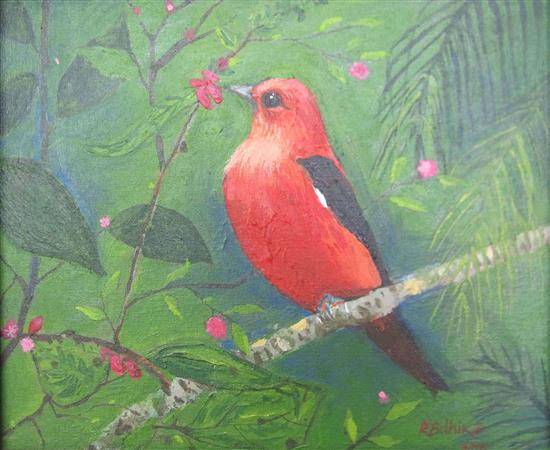 Paintings by Radhika Mondal - Solitary Bird in Red Frathe