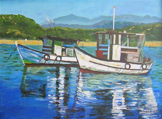 Paintings by Radhika Mondal - Two Boats, Blue Water