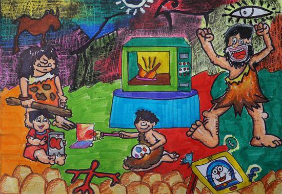 Painting by Aayushi Sen - Cave Man and Today's Technology