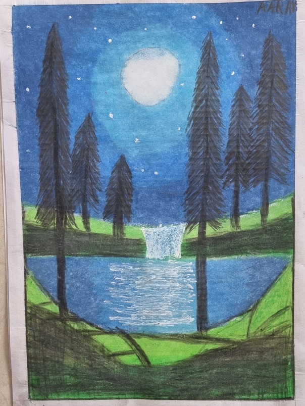 Paintings by Aarav Natekar - A night view of a small stream and lake