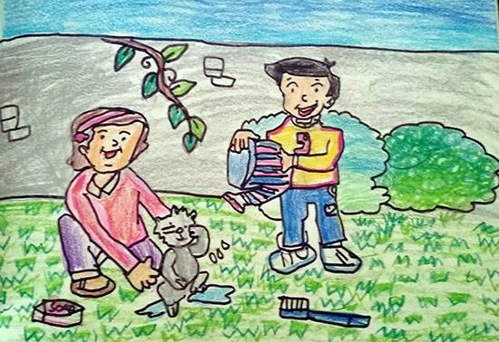 Painting by Neel Kirtane - Children and Cat