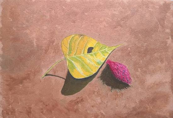 Paintings by Sindhulina Chandrasingh - A leaf and a badam fruit