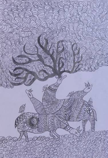 Paintings by Vrukshana Vasant Medha - Deer - Doodle art
